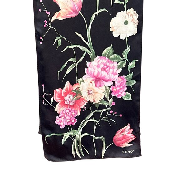 Vintage Echo Black Pink Romantic Floral Rectangular Scarf Spring Hand Rolled - Picture 3 of 6